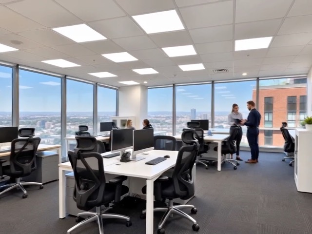 Área de coworking con escritorios junto al ventanal